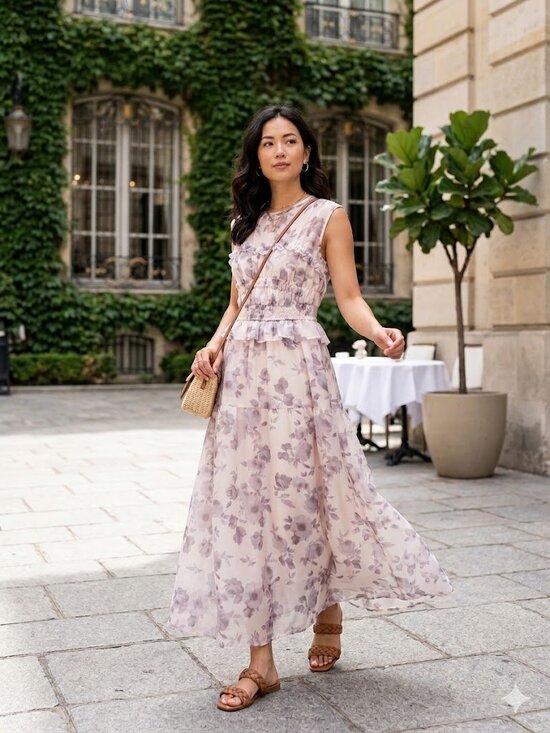 Moon River Dresses & Skirts - Moon River Chiffon Smocked Floral Midi Dress Off White Black $120 Small